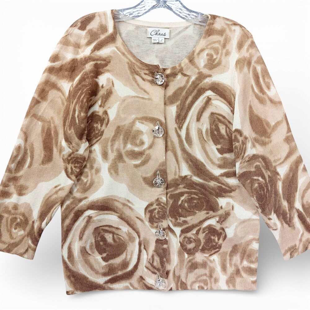 Chaus Floral Cardigan Sweater L Silk Blend Crystal Button 3/4 Sleeve Rabbit Hair